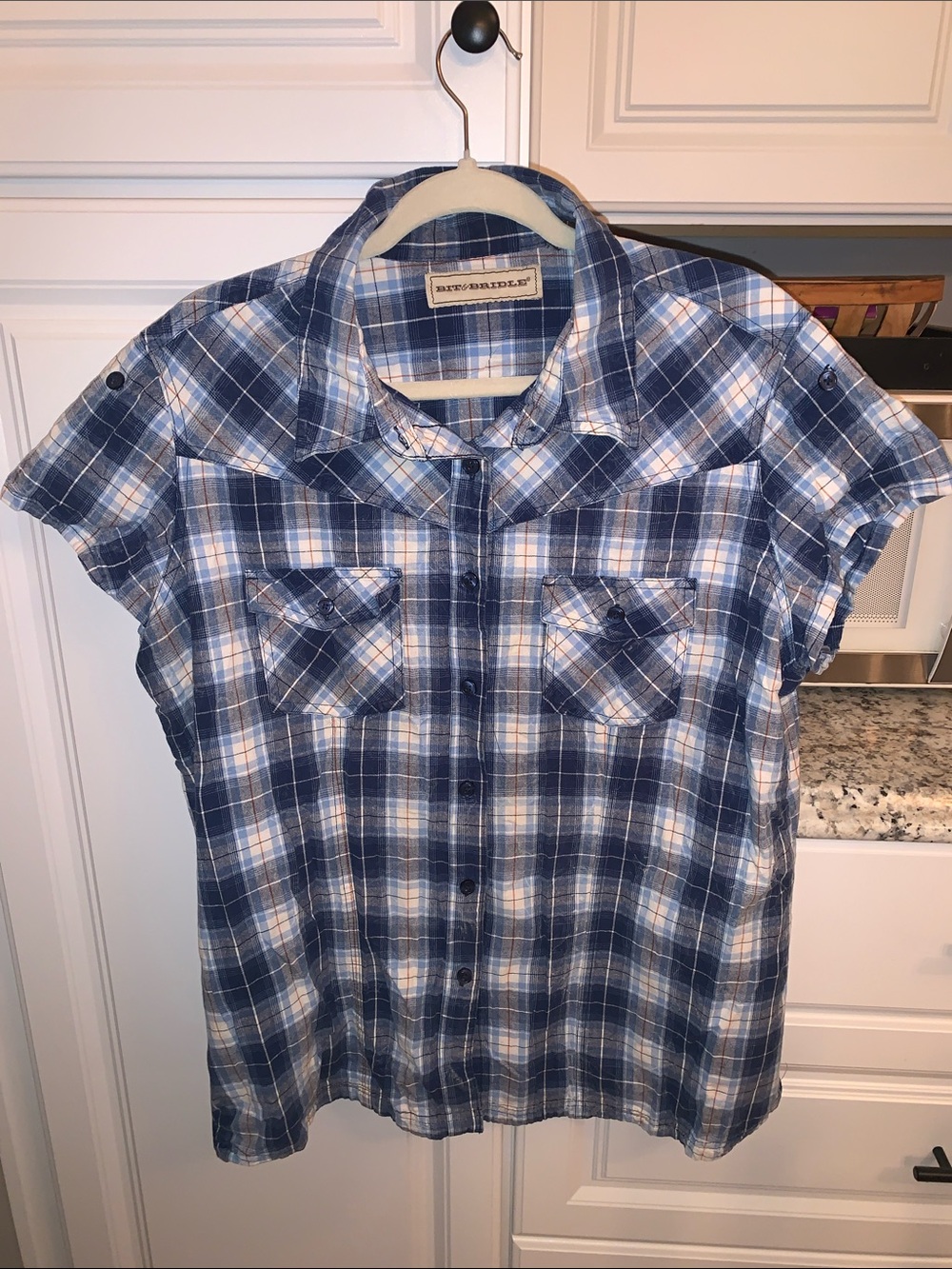 Women’s Bit & Bridle Short Sleeve Blue Plaid Button Down Shirt Size 2X
